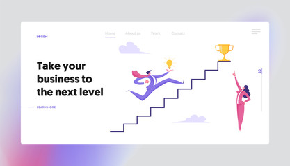 Business Man with Light Bulb Running Upstairs to Gold Cup, Businessman Idea, New Opportunity, Success, Right Solution Concept Website Landing Page, Web Page. Cartoon Flat Vector Illustration, Banner