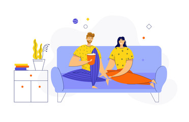 Obraz na płótnie Canvas Young Loving Couple Watching TV with Popcorn at Home. Male and Female Characters Sitting on Couch Together in Weekend Evening. Love, Leisure, Sparetime, Day Off. Cartoon Flat Vector Illustration