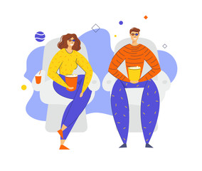 Happy Couple Spending Leisure Time Together, Loving Man and Woman Relaxing, Visiting Cinema, Wearing 3d Glasses and Eating Pop Corn. Love, Human Relations, Dating. Cartoon Flat Vector Illustration