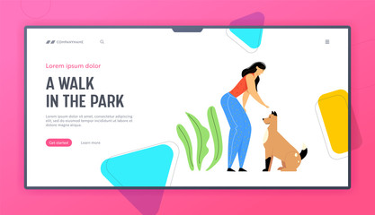 Happy Woman Play with Dog Website Landing Page, Spend Time with Domestic Animal, Friendship, Lifestyle, Leisure with Pet, Human and Animal Relation, Web Page. Cartoon Flat Vector Illustration, Banner