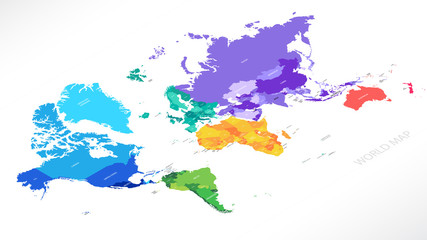 Bright colorful political map in isometry with the names of countries, each continent in different color