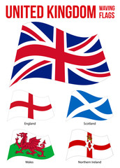 United Kingdom Countries Waving Flags Collection. Flag of England Northern Ireland, Wales & Scotland