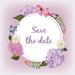 Spring garden flowers on the striped background. Vector greeting card template with message Spring bouquet