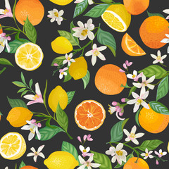 Seamless Lemon and Orange pattern with tropic fruits, leaves, flowers background. Hand drawn vector illustration in watercolor style for summer romantic cover, tropical wallpaper, vintage texture