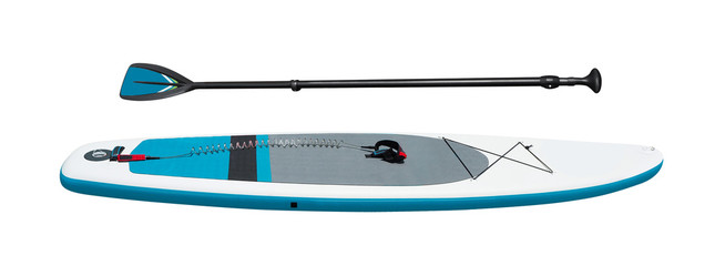 Side view of stand-up paddleboard with oar for SUP surfing isolated on white background. Sport...