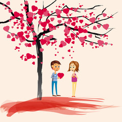 Fototapeta na wymiar Postcard Valentine s Day, two characters, the boy gives a girl the heart, under a blossoming tree of hearts, love, Cartoon style, vector illustration