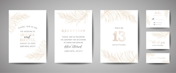 Pampas Grass Vintage Wedding Save the Date, Invitation Floral Cards Collection with Gold Foil Frame. Vector trendy cover, graphic poster, retro brochure, design template