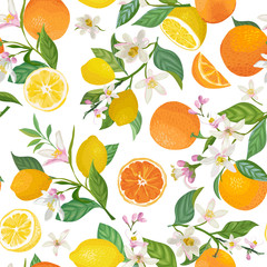 Sewing fabric with Seamless Lemon and Orange pattern with tropic fruits ...