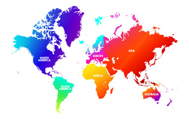 Fototapeta na wymiar Colorfulness saturation world map, each continent in different trendy bright gradient colors and name