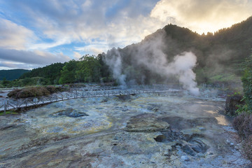 Portugal, Azores, Sao Miguel Island, Furnas, Lago das Furnas lake, lakeside caldeiras, volcanic activity