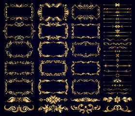 Vector set of gold decorative borders, frames, dividers, on a dark background