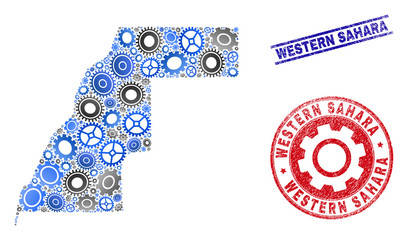 Workshop vector Western Sahara map collage and seals. Abstract Western Sahara map is done of gradient scattered cogwheels. Engineering territory scheme in gray and blue colors,