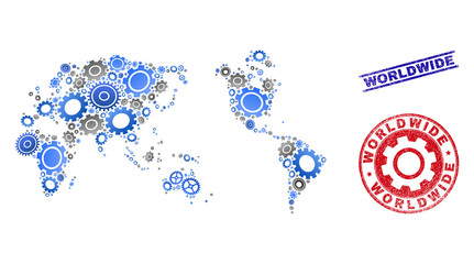 Industrial vector worldwide map mosaic and stamps. Abstract worldwide map is constructed from gradiented random gears. Engineering territory scheme in gray and blue colors,