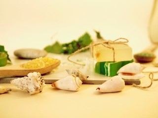 Fototapeta na wymiar Natural soap, sea salt, grape branch, shells and stones on the table, spa procedures, body care