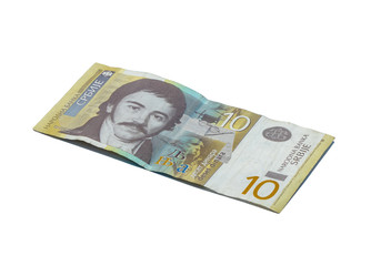One  banknote worth 10 Serbian Dinars with a portrait of a Linguist Vuk Karadzic isolated on a white background