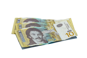 Three  banknotes worth 10 Serbian Dinars with a portrait of a Linguist Vuk Karadzic isolated on a white background
