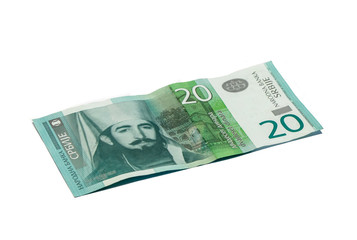 One  banknote worth 20 Serbian Dinars with a portrait of the ruler of Montenegro Peter II Petrovich isolated on a white background