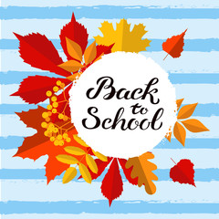 Hand drawn autumn Back to School typography poster with cute colorful leaves in flat style