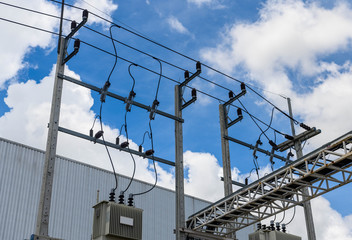 Pole with electrical transformers and wires connected , High voltage Equipment 