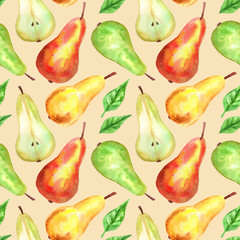 Red, green, yellow pears. Seamless pattern. Hand drawn watercolor illustration. Texture for print, fabric, textile, wallpaper.