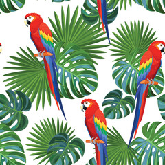 Tropical pattern with parrots. Vector seamless texture.