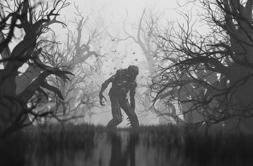 Monster in creepy forest,3d illustration