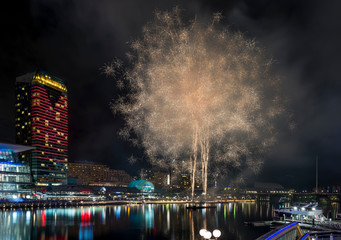 Beautiful fireworks on the famous Darling Harbor, Sydney, Australia