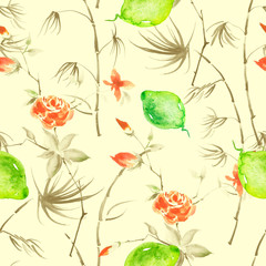 Watercolor painting, vintage seamless pattern - tropical fruits, citrus, slices of lemon, orange, lime, branch,flowers,bamboo, roses branch with buds, leaves. Fashionable stylish art background