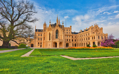 Fototapeta na wymiar Lednice castle surrounded by beautiful park in Southern Moravia, popular travel destination in Czech Republic