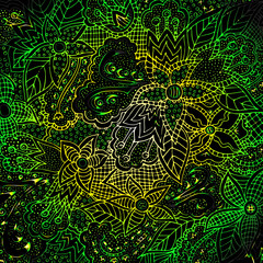 Abstract floral pattern, drawn by hand, circles, lines, leaves