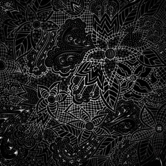 Abstract floral pattern, drawn by hand, circles, lines, leaves