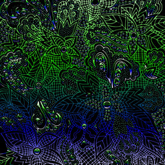 Abstract floral pattern, drawn by hand, circles, lines, leaves