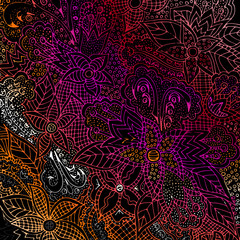 Abstract floral pattern, drawn by hand, circles, lines, leaves