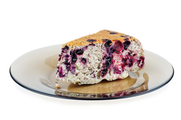 Blueberry pie piece on the glass plate isolated on white background