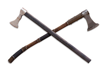 Crossed Medieval Old Antique Axes with Wooden Handle. Isolated on White Background.