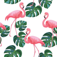 Tropical pattern with flamingos and leaves. Vector seamless texture. - obrazy, fototapety, plakaty