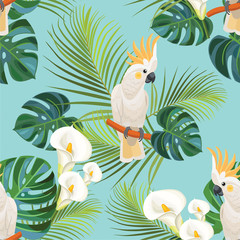 Tropical pattern with parrots. Vector seamless texture. © Tayisiya