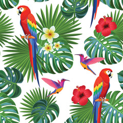 Tropical pattern with parrots and hummingbirds. Vector seamless texture.