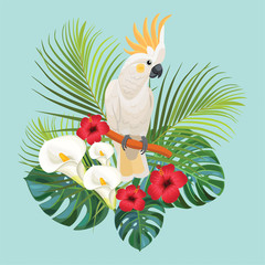 Tropical flowers and cockatoo. Vector illustration.