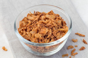 Fried onion in glass, topping for hot dog, fast food, horizontal