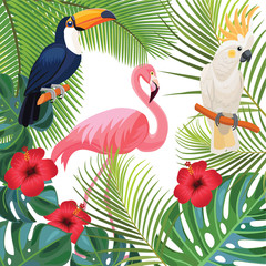 Bright summer illustration with tropical plants and exotic birds.