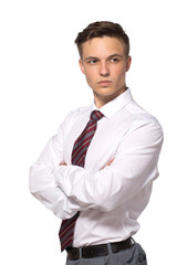 Handsome young businessman in white shirt isolated on white