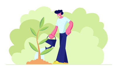 Happy Teenager, Young Man Character Watering Green Seedling in Garden with Water Can. Life Cycle, Time Line and Growth Metaphor, Gardening Hobby, Care of Plants. Cartoon Flat Vector Illustration