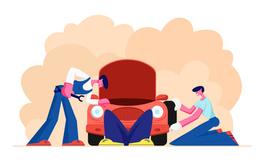 Mechanic Dressed in Blue Overalls Stand near Broken Car with Open Hood Holding Instrument in Hand, Man Lying under Auto, Checking and Maintenance City Repair Service. Cartoon Flat Vector Illustration