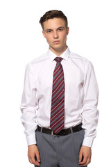 Handsome young businessman in white shirt isolated on white