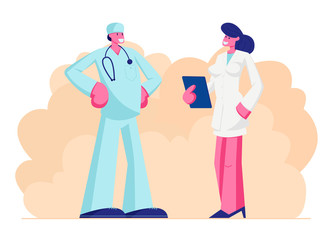Male Doctor in Medical Robe with Stethoscope Speaking with Nurse Holding Notebook in Hands, Clinic, Hospital Healthcare Staff at Work, Medicine Profession, Occupation. Cartoon Flat Vector Illustration