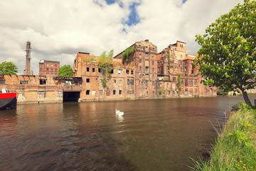 Szczecin.  Old factories on the Odra River in the historic part of the city