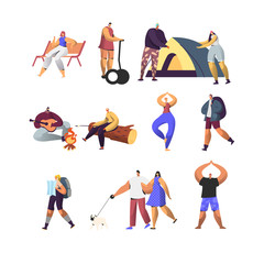 Fototapeta na wymiar People Active Lifestyle Set. Male and Female Characters in Summer Camp, Touristic Hiking, Riding Hoverboard, Doing Yoga Outdoors, Walking with Pet, Exercising in Park. Cartoon Flat Vector Illustration