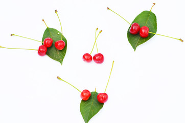 Red cherries isolated on white background, fruit pattern,photo