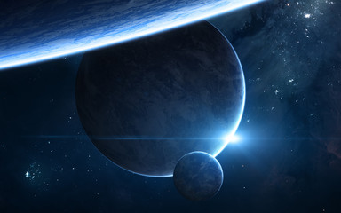 Planets in deep space. Blue star eclipse. Science fiction. Elements of this image furnished by NASA